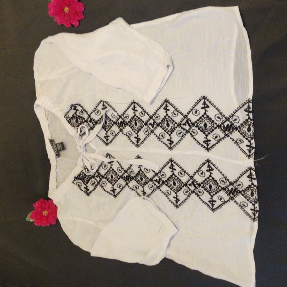 NYCC Semi-transparent white blouse with black embroidery on the front. - Picture 1 of 10